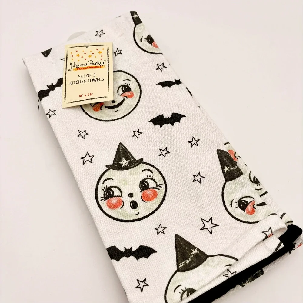 Johanna Parker Halloween Kitchen Towels Set of 3 Laughing Luna Moon Bats Stars